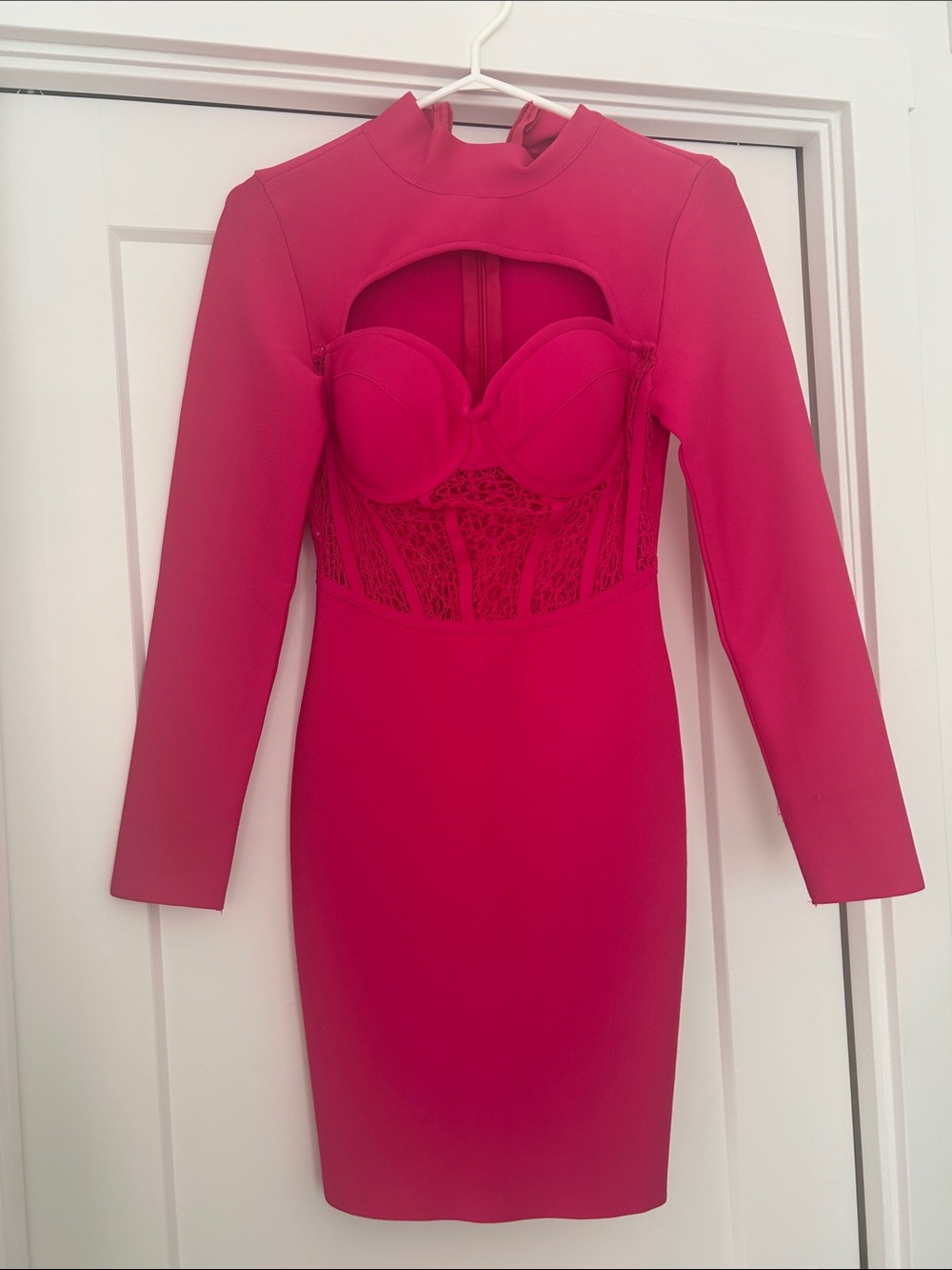 Pink Bandage Long-Sleeve Cutout Bodycon Dress